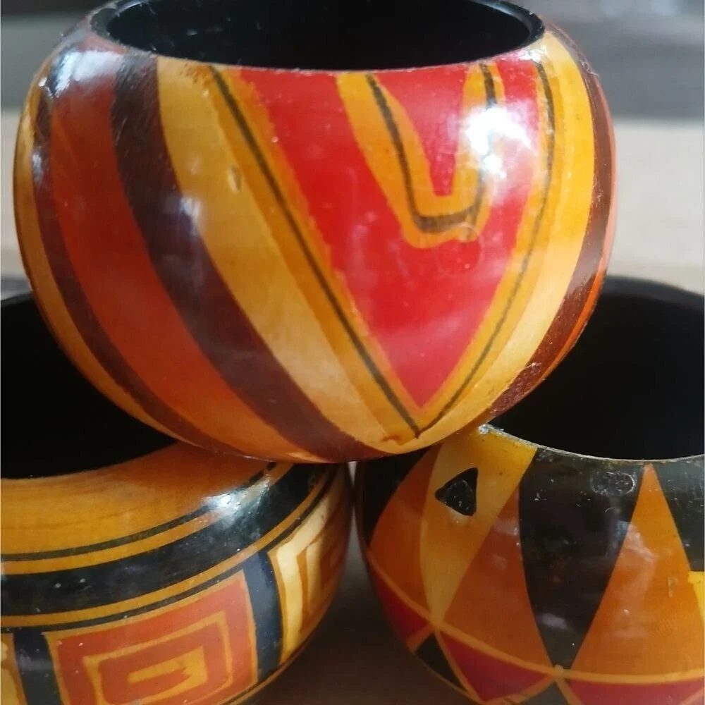 Vintage 70's Hand Carved Napkin Rings Wood Polished Artisan Ethnic